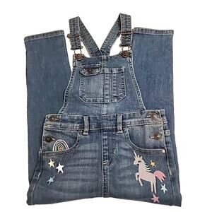 New Girls Embroidered Denim Bib Overalls Size 4T Unicorn Rainbow Toddler‎ Jeans